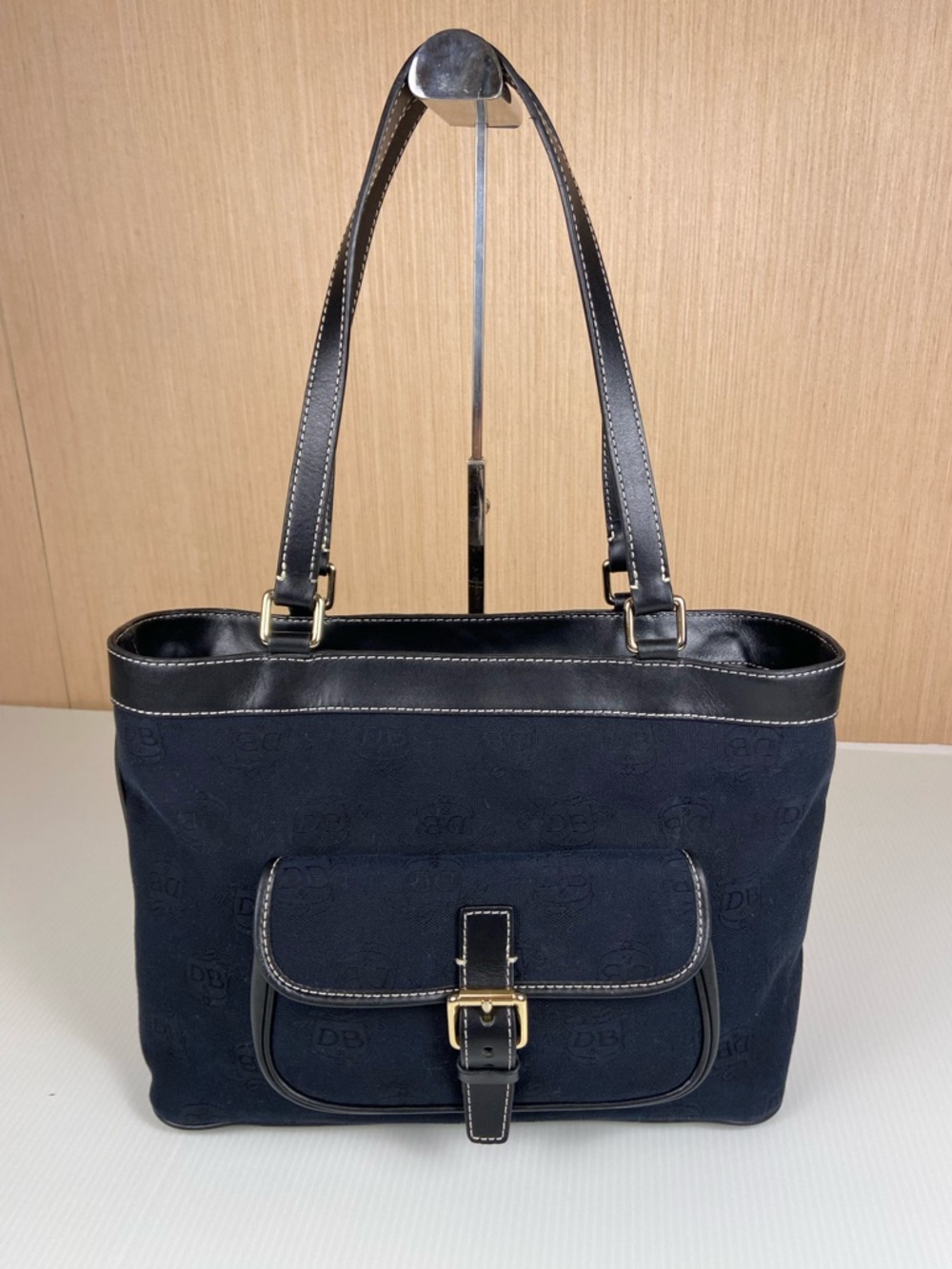 Dooney & Bourke DB Monogram East West Shoulder Bag Navy Canvas Leather Trim